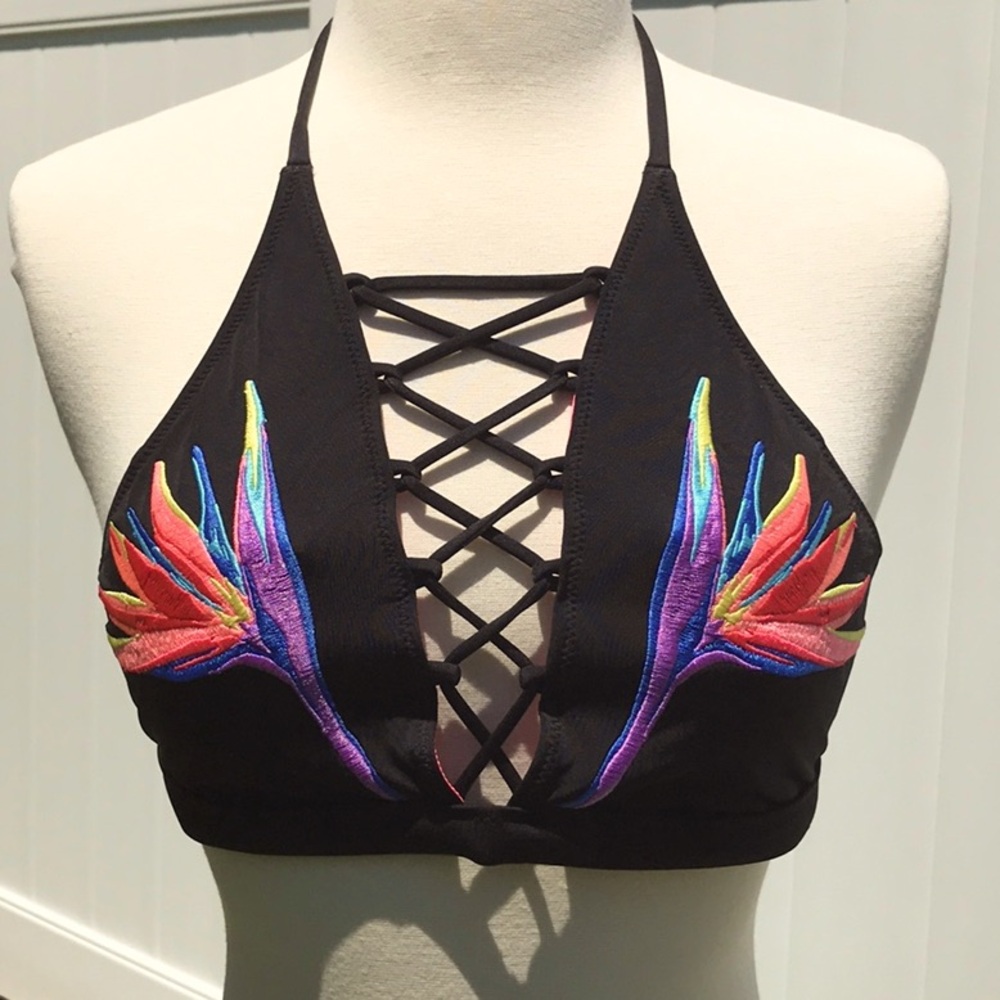 NWOT PINK Victoria's Secret Black Colorful Embroidered Halter Swim Top Size Med